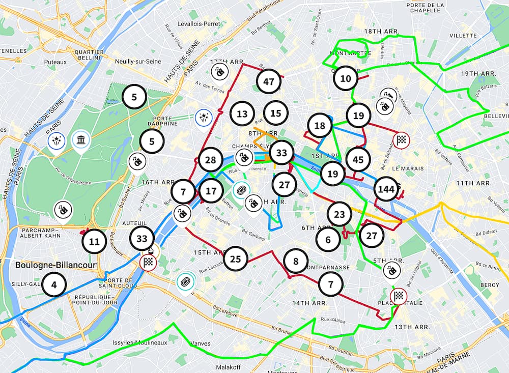 Map image showing Parc des Champions (#28) and other fan-zones