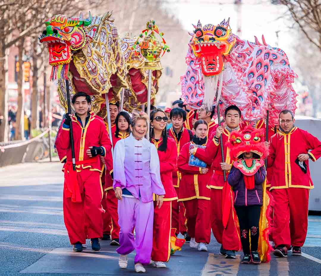 Chinese New Year parade with lion dancers and dragons - Photo credit: iStock/Oigres8