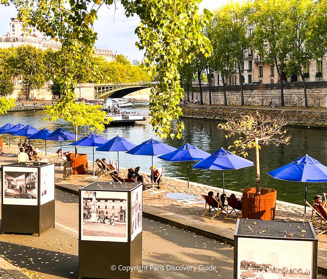 Beach chairs and umbrellas on the Right Bank of the Seine