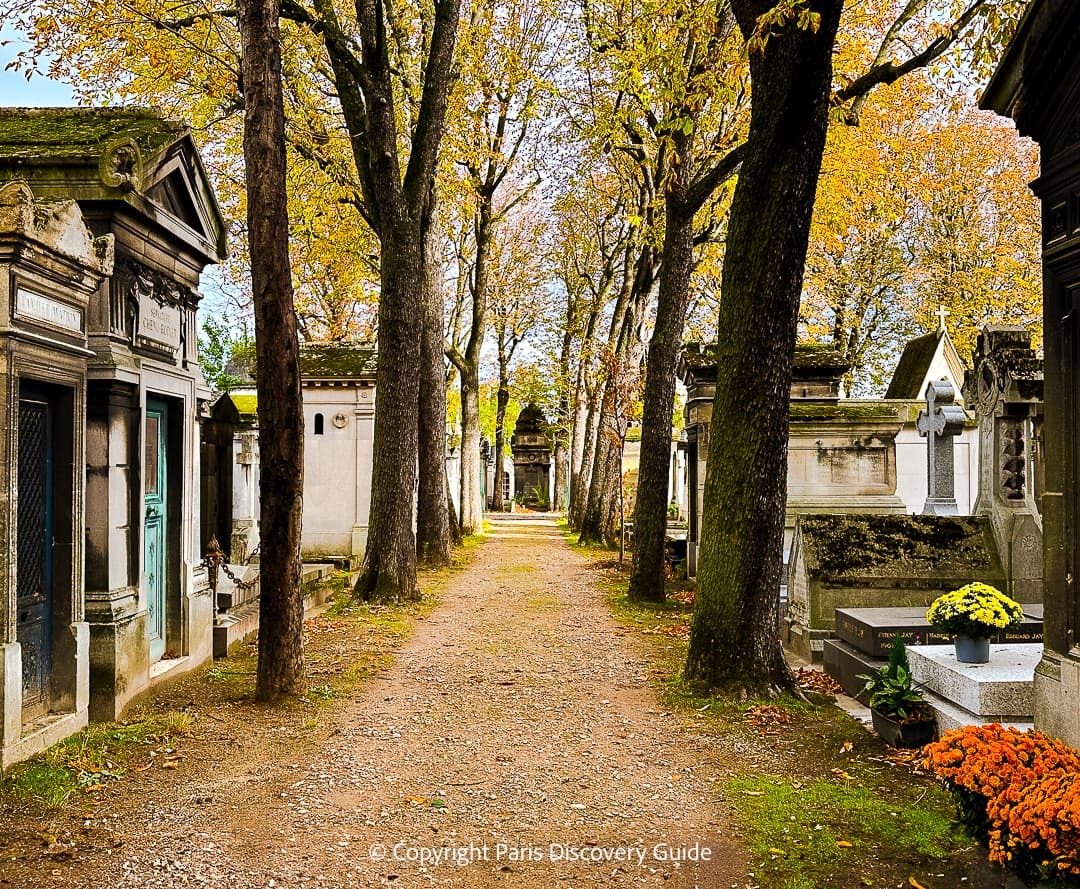 Autumn foliage and Toussaint flowers brighten a tree-lined path in Passy Cemetery