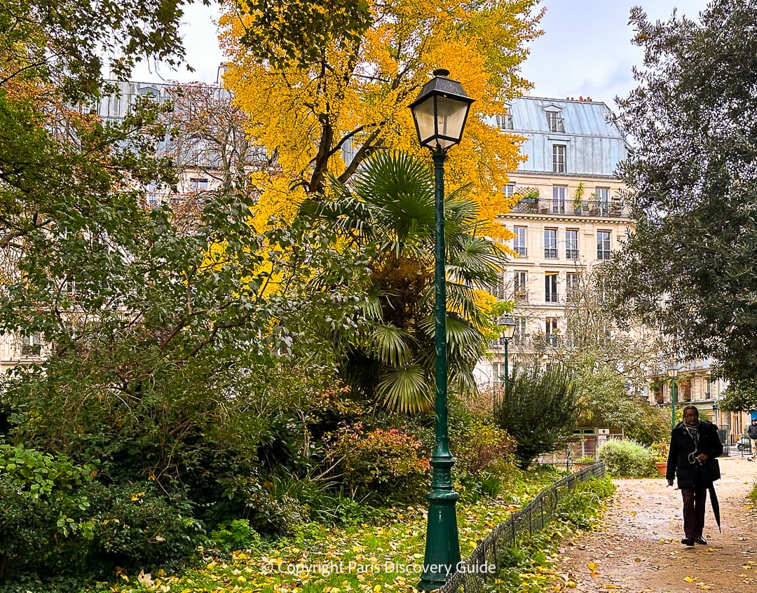 Golden fall foliage in Square Maurice Gardette near Atelier des Lumieres in Paris 11