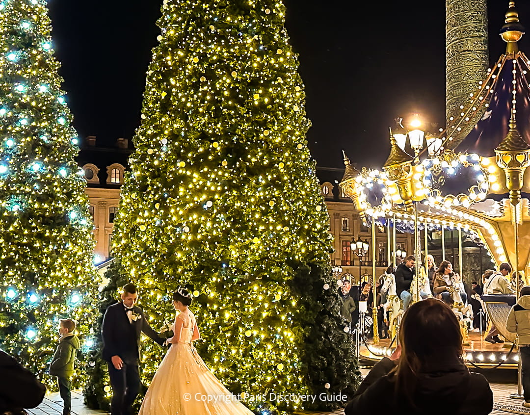 This couple slipped out of their wedding reception at the nearby Ritz to dance for a few moments by the illuminated Christmas trees in Place Vendome - a priceless memory!