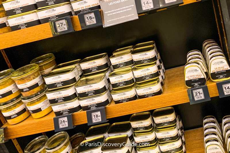 Tins of foie gras displayed in Bon Marché's La Grande Épicerie de Paris on Rue de Sèvres