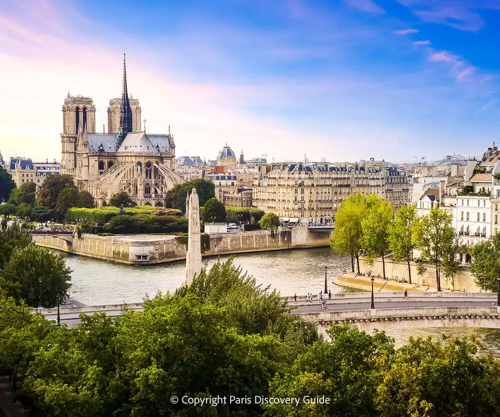 Skyline view of Notre Dame and its flying buttresses, spire, and towers 