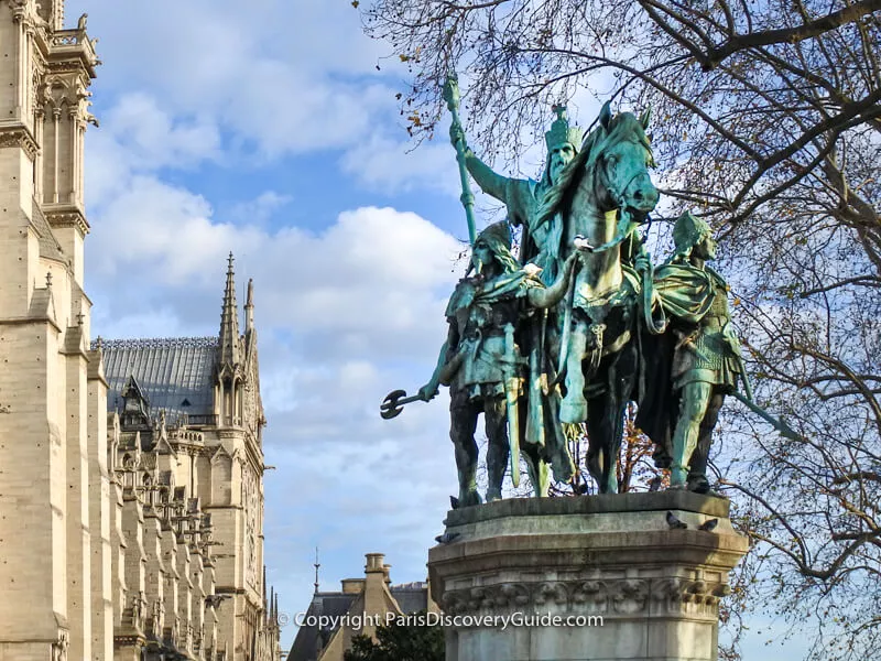 Charlemagne on horseback statue in front of Notre Dame Cathedral 