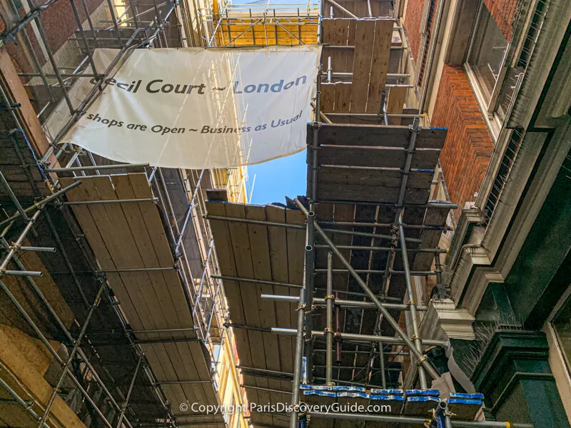 Scaffolding for renovations at London's Cecil Court