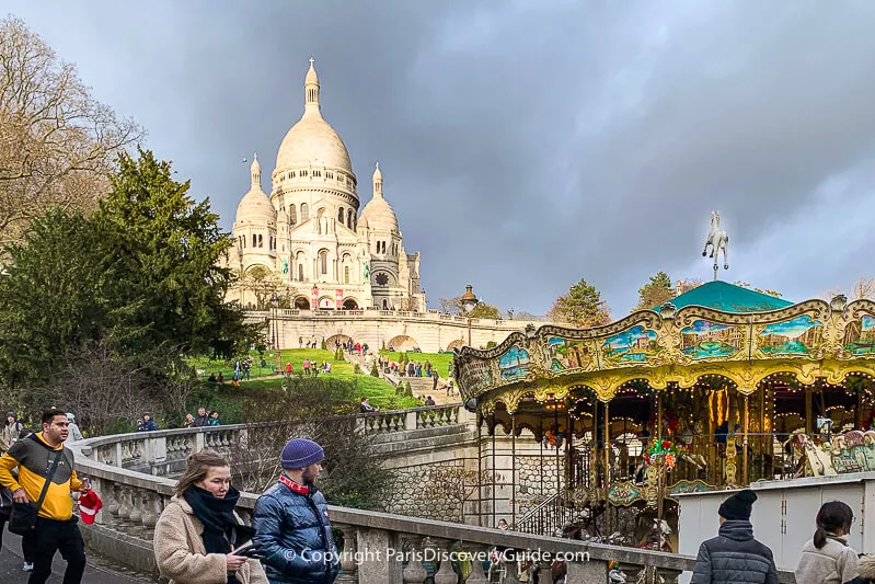 Sacre Coeur and the carousel at the bottom of the hill