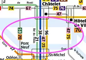 Bus line map for Ile de la Cite